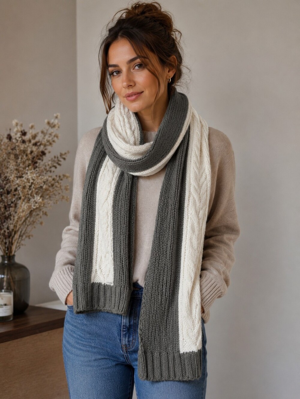 Lolë Color Block Cable Knit Scarf Gray & Cream